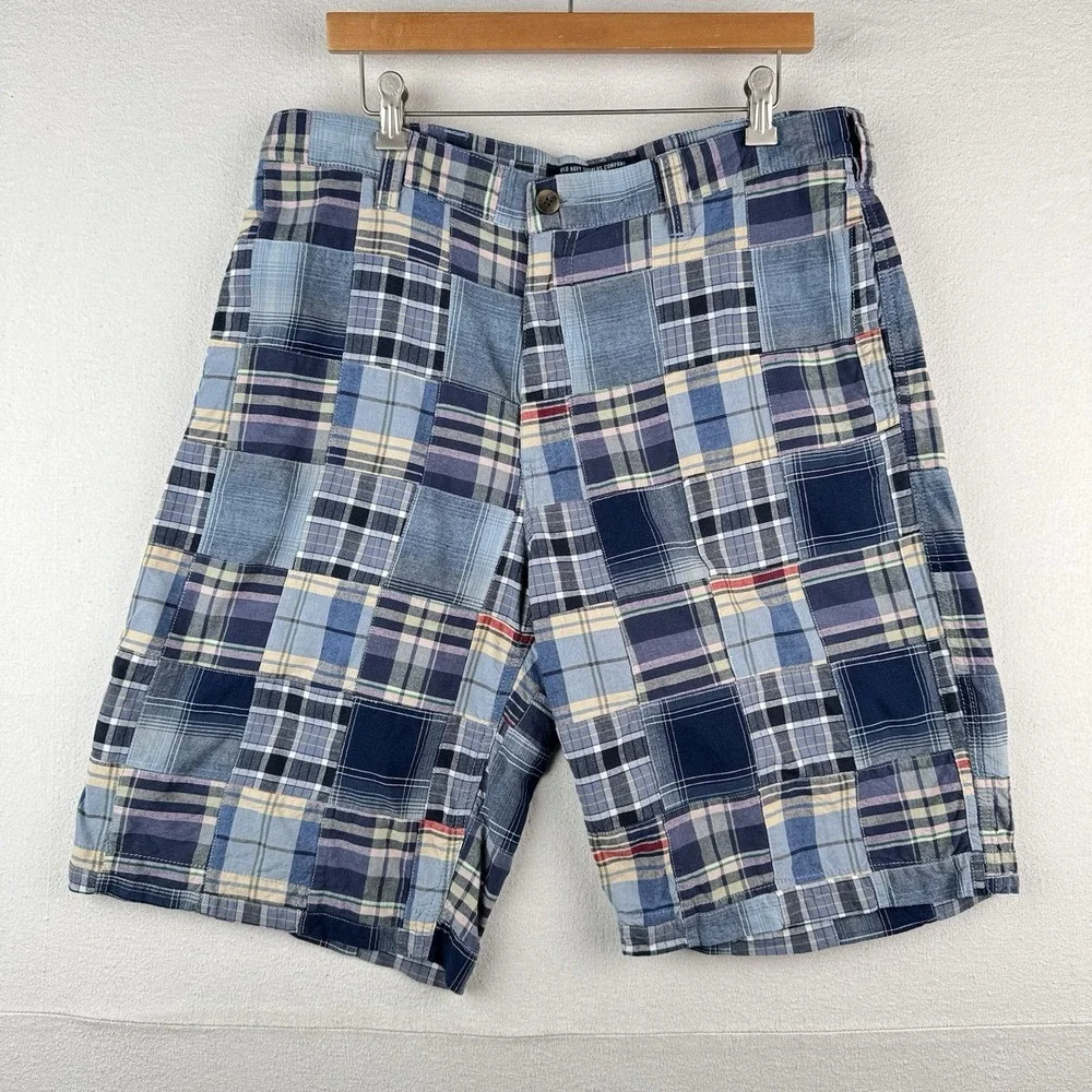 Old Navy Surplus Madras Plaid Shorts Mens 36 Patchwork Cotton Chino 10